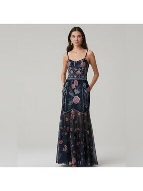 Elegant Floral  V-Neck Mermaid Hem Dress Blue